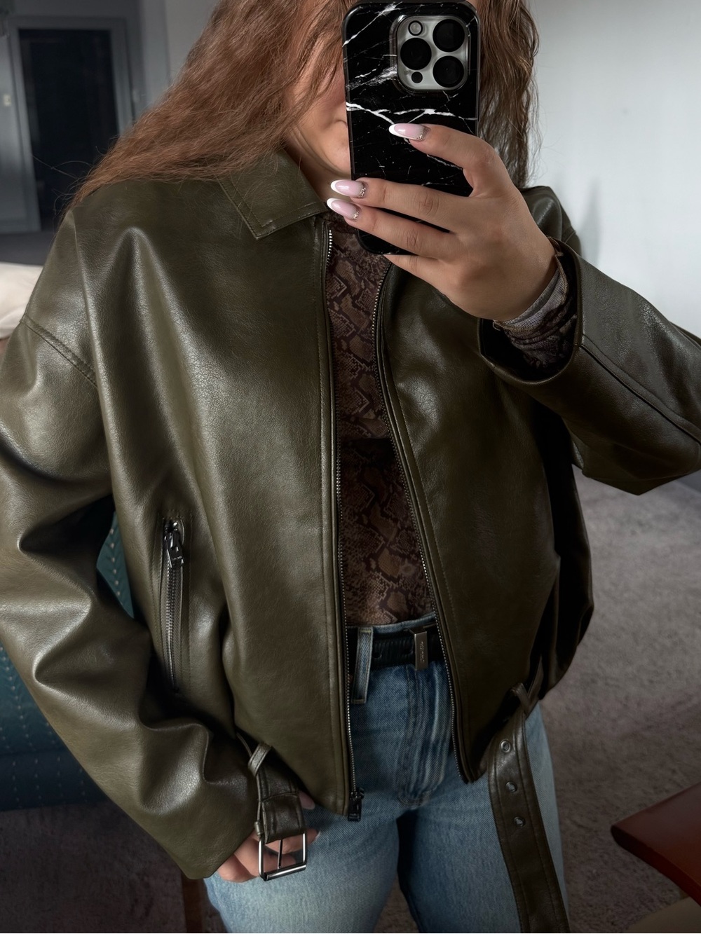 Bershka Olive Green Faux Leather Zip Jacket